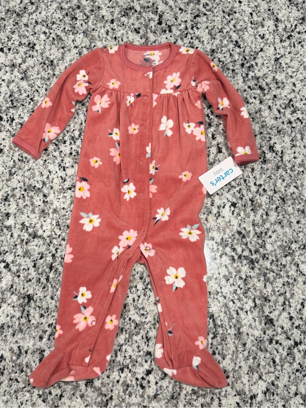 Carter's Baby Girl’s Coral Floral Snap-Front Fleece Footed One-Piece, 9 mo, NWT